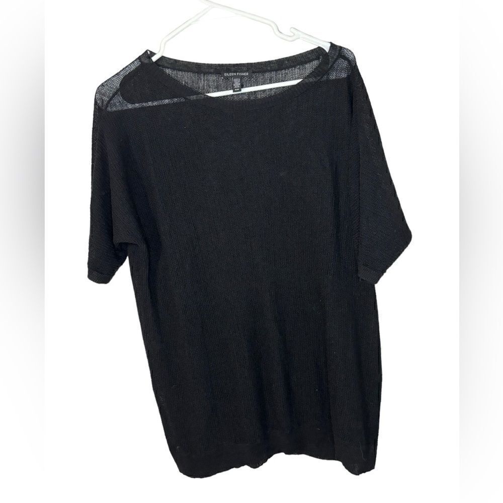 Eileen Fisher Open Knit Mesh Top Black Women Medium  Linen